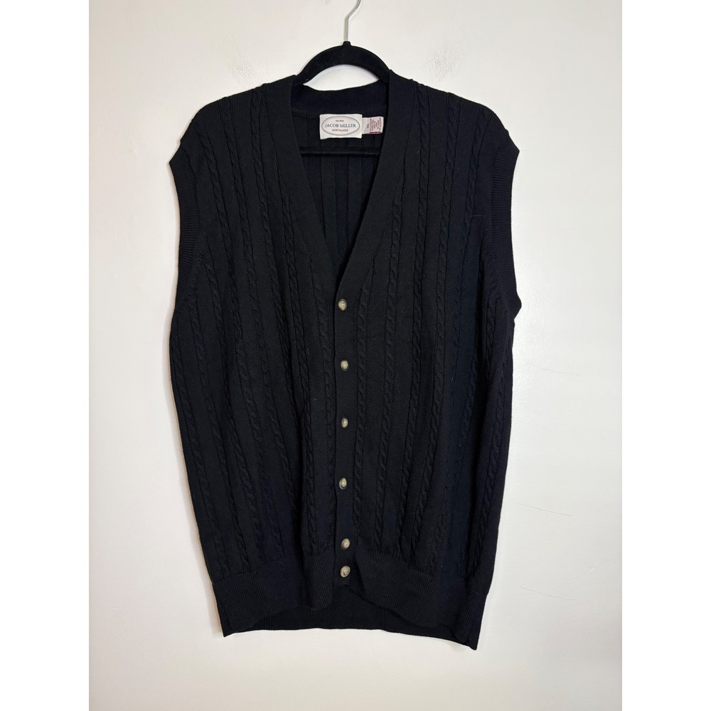 Jacob Miller Mens XXL‎ Black 100% Extrafine Merino Wool Cable Knit Cardigan Vest